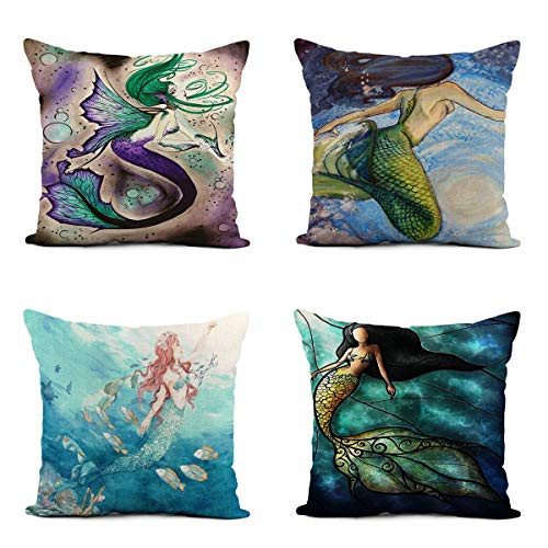 Awowee Set of 4 Linen Throw Pillow Covers Blue Watercolor Mermaid 18x18 Inches Home Decor Square Flax Pillowcases Cushion Covers for Couch Sofa
