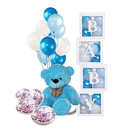 60Pcs Gender Reveal Party Decorations Gender Reveal Balloons with Confetti Boy Baby Gender Reveal Party Supplies Kit 4 Clear Baby Boxes with Letters for Baby Shower Decorations for Boy