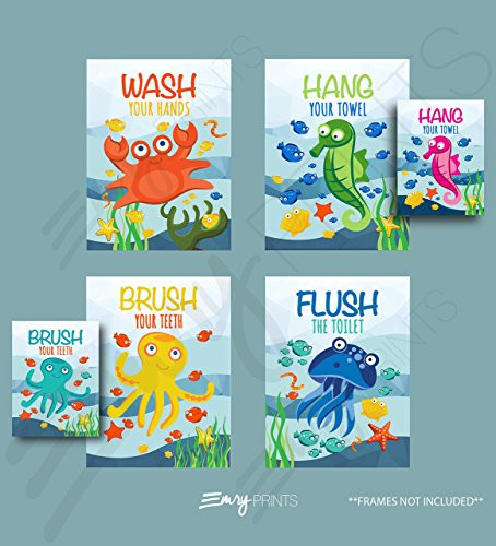 Ocean Bathroom Art Prints Set of 4 Unframed 8x10 - Underwater Bathroom Wall Art Prints Childrens Underwater Bathroom Ocean Theme Bathroom Wall Art 8x10 Brush Flush Hang  and  Wash