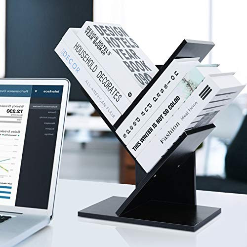 Desktop Bookshelf Wood Tree Display Shelf Rack for Desk Countertop Storage Bookcase Organizer for Home Office Supplies Black