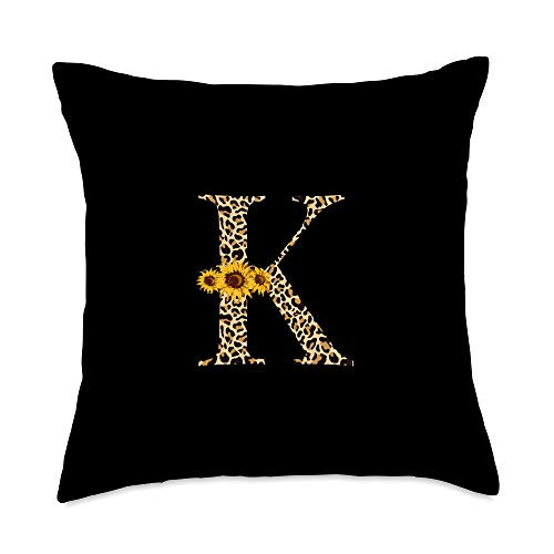 Monogram Letter Initial Designs Gifts Black Monogram Letter K Initial Leopard Print Sunflower Gift Throw Pillow 18x18 Multicolor