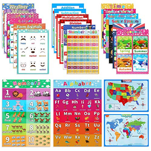 22 Educational Posters for Kindergarten Toddler?Classroom Poster with Glue Point Dot? Kids Learning Alphabet Colors Numbers Shapes Weather Solar System Map etc?16 x 11 Inch