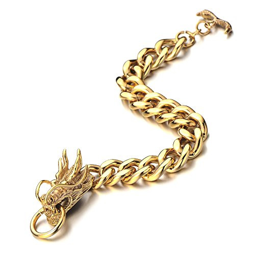 COOLSTEELANDBEYOND Masculine Style Mens Gold Dragon Curb Chain Bracelet of Stainless Steel Polished with Toggle Clasp COOLSTEELANDBEYOND Masculine Style Mens Gold Dragon Curb Chain Bracelet of Stainless Steel Polished with Toggle Clasp