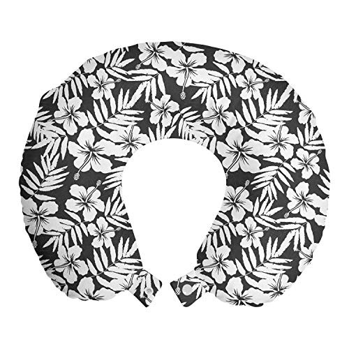Ambesonne Tropical Travel Pillow Neck Rest Artisan Exotic Hibiscus Flowers Fern Leaves Pattern Nature Plant Picture Art Memory Foam Traveling Accessory for Airplane and Car 12 White Grey