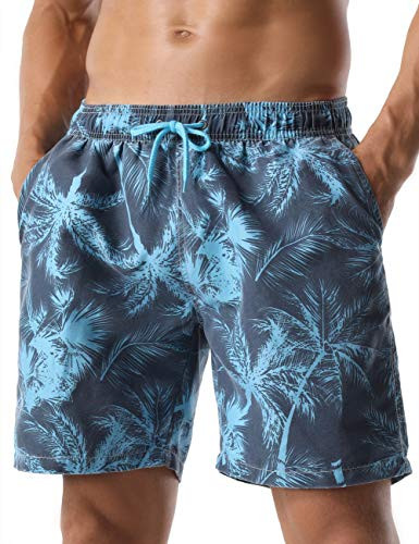 Unitop Mens Swim Trunks Quick Dry Palm Printed Tropical Bathing Suits Blue 42