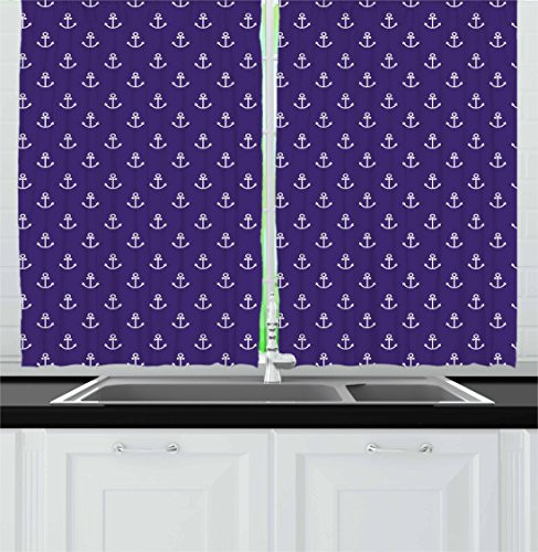 Ambesonne Marine Kitchen Curtains, Sealife Ocean Yacht Design Vector Anchor Decorative Pattern Artwork Image, Window Drapes 2 Panels Set for Kitchen Cafe, 55W X 39L inches, Dark Purple White