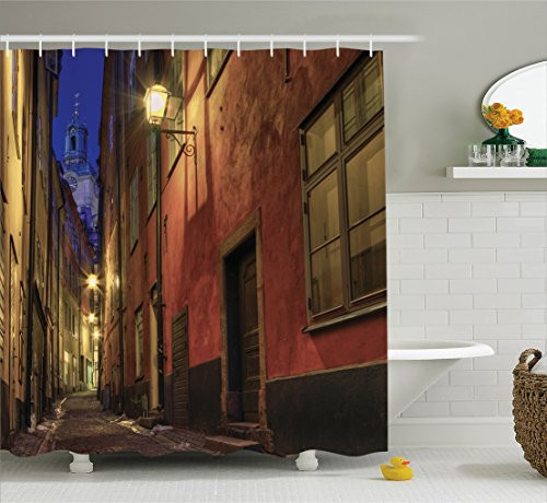Ambesonne Wanderlust Decor Collection, At Night in the Alley in Old Town Stockholm Church Tower Darkness Ancient Image Pattern, Polyester Fabric Bathroom Shower Curtain Set with Hooks, Navy