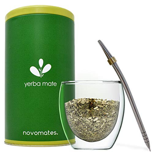 Novomates Mate Cup and Bombilla Set for Mate Tea - Double Wall Glass Yerba Mate Cup with Bombilla Mate Straw Yerba Mate Gourd Bombilla Mate and Yerba Container- Mate Guampa and Bombilla Kit 8_4oz
