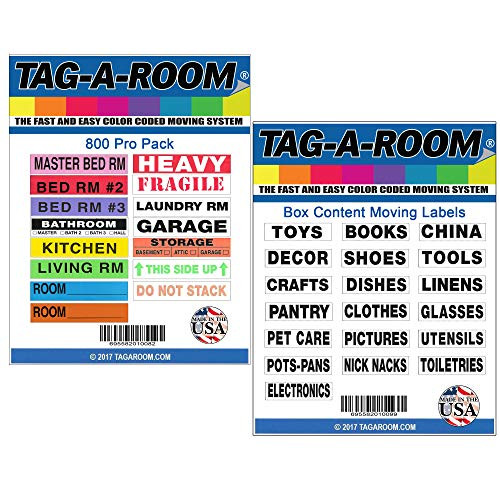 Tag-A-Room Color Coded Home Moving Labels 800 Pack and Content Pack Bundle