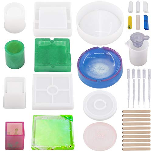 Rustark 30 Pcs Resin Silicone Mold with Round Mold Cube Molds Cylinder Mold Epoxy Resin Casting Molds Resin Art Molds for DIY Coaster Flower Pot Pen Pendant Candle  and Soap Holder