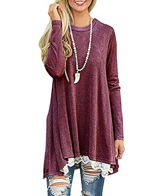 Womens Crew Neck Long Sleeve Lace Splicing Swing Shirt Dresses Long Tunic Blouses Shirts for Leggings Wine