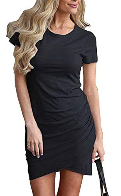 Fatoop Womens Short Sleeve Summer Bodycon Sundress Casual Stretchy Ruched Crew Neck T Shirt Short Mini Dress Black XXL