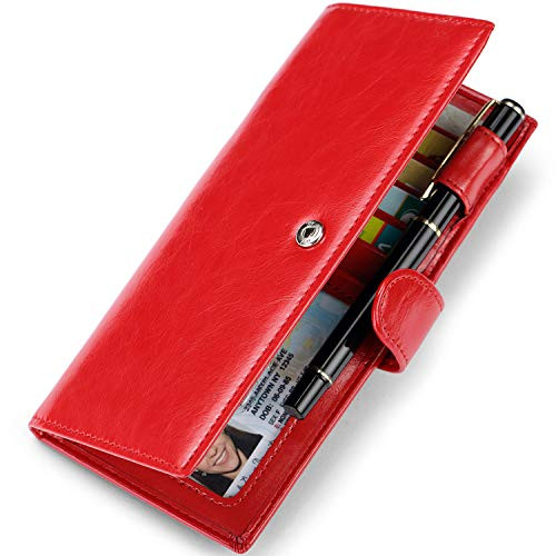 Huztencor Leather Checkbook Cover RFID Blocking Checkbook Wallet Holder Case Slim Bifold Wallet For Men  and  Women with Credit Card Holder Wallet Pen Holder Snap Closure Zipper Pocket Red