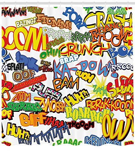 Ambesonne Superhero Shower Curtain, Retro Comic Book Expressions Humor Icons Cartoon Scream Crash Pow Vintage Design, Fabric Bathroom Decor Set with Hooks, 75 Inches Long, Multicolor