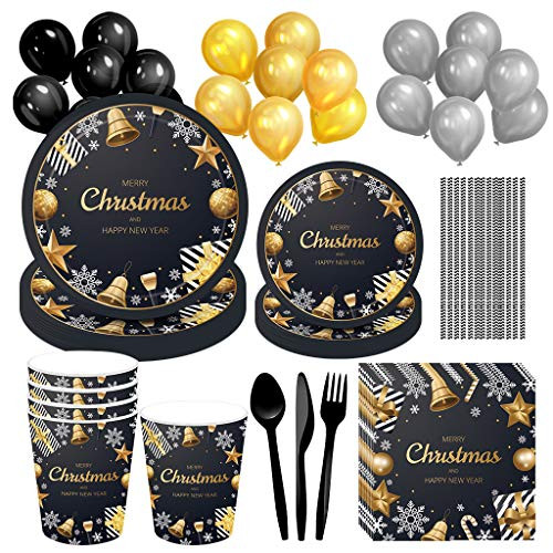 161Pcs New Years Eve Party Supplies 2021 Happy New Year Decorations 2021 Tableware Set with Black and Gold Plates Cups Napkins Balloons for New Year Christmas Themed Party Dinnerware - Serves 16