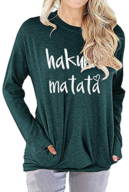 Womens Cute Letter Printed Comfy Tunic Tops Long Sleeve Graphic T-shirts Cotton Sweatshirts Blouses with Pockets Dark Green