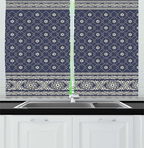 Ambesonne Boho Decor Kitchen Curtains, Ethnic Boho Pattern Indian Sari Print with Flowers Tribal Theme Design, Window Drapes 2 Panels Set for Kitchen Cafe, 55W X 39L Inches, Cadet Blue and Beige