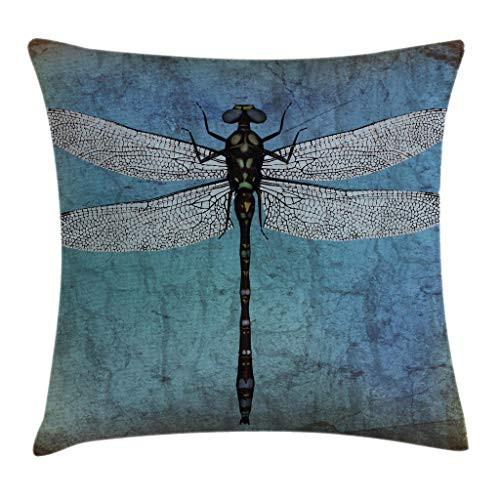 Ambesonne Dragonfly Throw Pillow Cushion Cover Grunge Vintage Old Backdrop and Dragonfly Bug Ombre Image Decorative Square Accent Pillow Case 18 X 18 Blue Turquoise