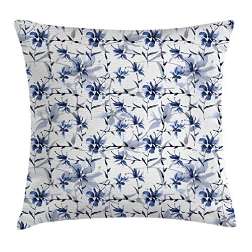 Ambesonne Japanese Throw Pillow Cushion Cover Japanese Ink Paint with Flourishing Flower Patterns Oriental Eastern Imagery Print Decorative Square Accent Pillow Case 18 X 18 Blue