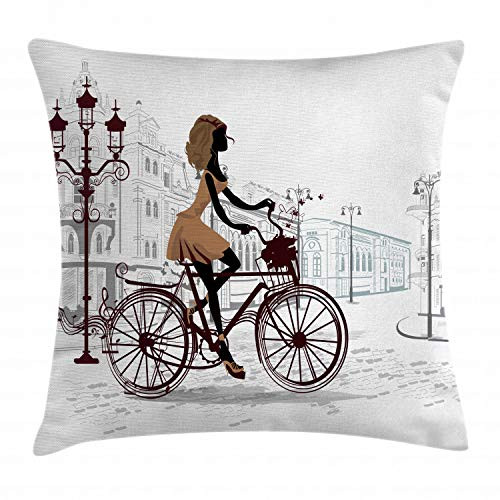 Ambesonne Teen Room Throw Pillow Cushion Cover Young Girl in Paris Streets Bicycle French Style Display Decorative Square Accent Pillow Case 18 X 18 Pale Brown Chestnut Brown and Pearl