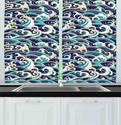 Ambesonne Nautical Decor Kitchen Curtains, Traditional Oriental Style Ocean Waves Pattern with Foam and Splashes Print, Window Drapes 2 Panels Set for Kitchen Cafe, 55 W X 39 L Inches, Blue White