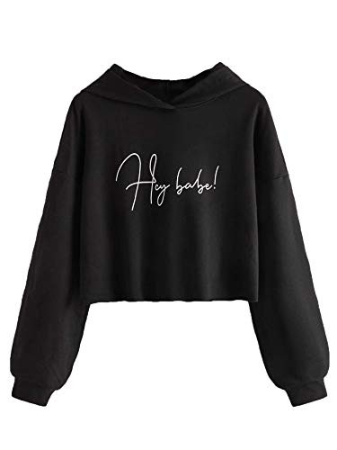 SweatyRocks Womens Casual Long Sleeve Crop Top Sweatshirt Drawstring Hoodies Pullover Letter Black M