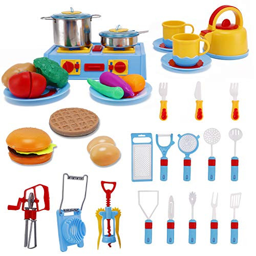 Liberty Imports 44 Pieces Mini Stove Kitchen Appliance Pretend Play Food Toy Set for Kids with Stainless Steel Metal Pots and Pans