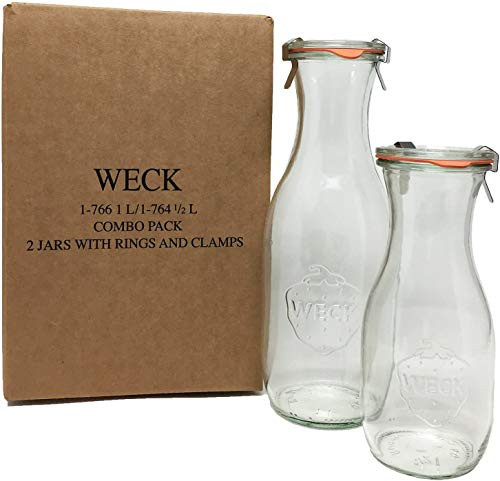 Weck Juice Jar Combo Pack - 1 766 1-Liter jar 1 764 12-Liter jar with Glass Lids Rubber Rings and Steel Clamps  and  Keep Fresh Lids