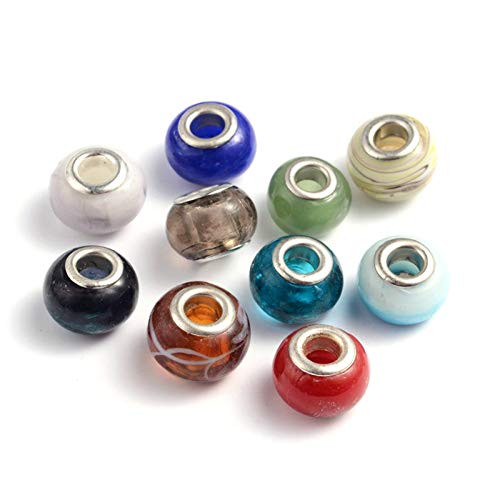 Craftdady 200Pcs Lampwork Glass Large Hole European Spacer Beads 13-17x10mm Slide Charm Rondelle Beads Random Mixed Colors for Snake Chain Bracelet Jewelry Making Hole 5mm