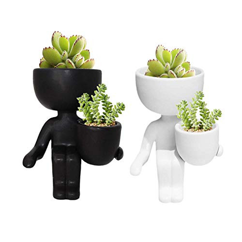 Ceramic Succulent Plant Pot Creative Human Shaped Small Cactus pots Flower Pots Mini Plant Planters for Desktop Usage Home DecorationWhite A and Black A