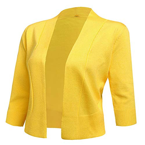 AAMILIFE Womens 34 Sleeve Cropped Cardigans Sweaters Jackets Open Front Short Shrugs for Dresses Yellow XL