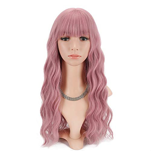 FAELBATY Womens Light Pink Wig Long Fluffy Curly Wavy Wigs for Girl With Bangs Heat Friendly Synthetic Cosplay Party Wigs FAELBATY Womens Light Pink Wig Long Fluffy Curly Wavy Wigs for Girl With Bangs Heat Friendly Synthetic Cosplay Party Wigs
