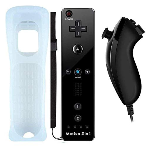 AndThere Wii Remote Controller with Nunchuck and Motion Plus Replacement Remote Game Controller with Silicon Case Wrist Strap for Nintendo Wii and Wii U Black