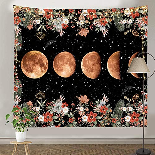 pinata Moon Phase Tapestry for Wall Hanging Moonlit Garden Tapestry Black Tapestry Vine and Flowers Wall Decor for Room 51_2 X 59_1