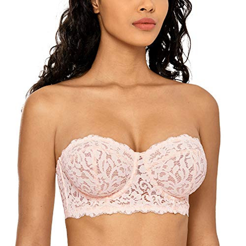 DOBREVA Womens Lace Strapless Bralette Bandeau Balconette Unlined Underwire Bra Apricot Pink 38C DOBREVA Womens Lace Strapless Bralette Bandeau Balconette Unlined Underwire Bra Apricot Pink 38C