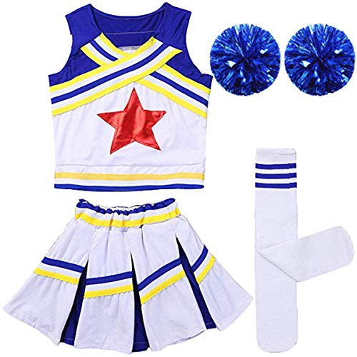 Girls Kids Cheerleader Uniform Costume Soccer Carnival Party Outfit Crop Top with Skirt Knee Socks Match Pom poms Set Blue