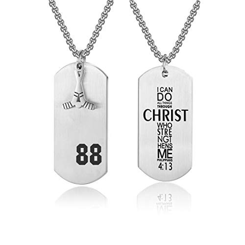 VI_SPORT Bible Verse Hockey Player Number 88 Necklace Stainless Steel Dog Tag Pendant Philippians 413 I Can Do All Things Philippians 413