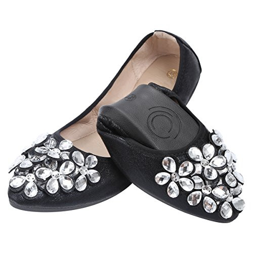 KUNWFNIX Women Ballet Flats Rhinestone Wedding Ballerina Shoes Foldable Sparkly Comfort Slip on Flat Shoes Black KUNWFNIX Women Ballet Flats Rhinestone Wedding Ballerina Shoes Foldable Sparkly Comfort Slip on Flat Shoes Black