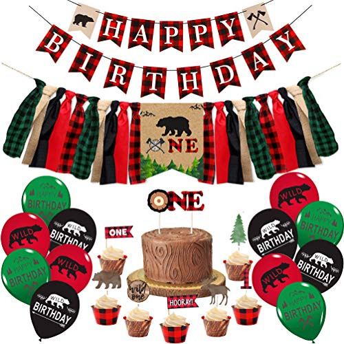 Lumberjack First Birthday Party Supplies Lumberjack Happy Birthday Banner Lumberjack Bear One Highchair Banner One Cake Topper and 12 Pcs Latex Balloons for Baby Gilr Boy Buffalo Plaid First Birthday Party Decorations Supplies
