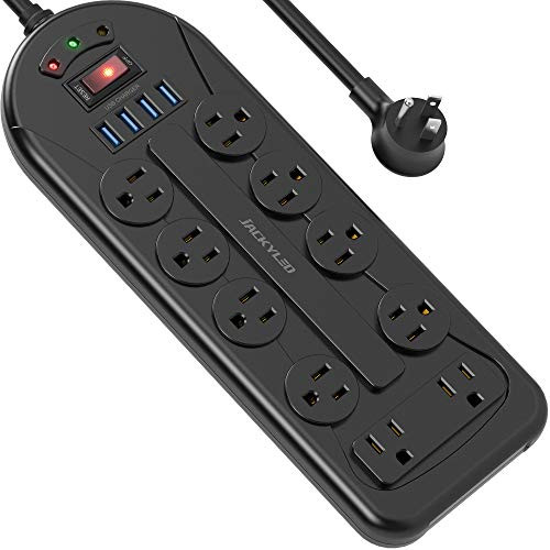10 AC Outlets Power Strip with 45° Angle Flat Plug JACKYLED Mountable Outlet Strip Surge Protector with 10 Outlets 4 USB 6 Ft Heavy Duty Extension Cord for Computer Smartphone Tablet E-Book Black