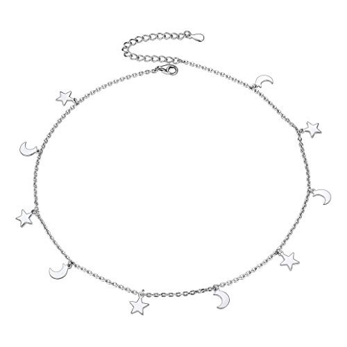 Women Choker Necklace 925 Sterling Silver Moon Stars Charms Necklace for Women Girls Choker Jewelry -Silver