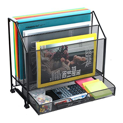 Veesun Paper Letter Tray Organizer Mesh Desk File Organizer with a Sliding Drawer and 2 Vertical Upright Section Black