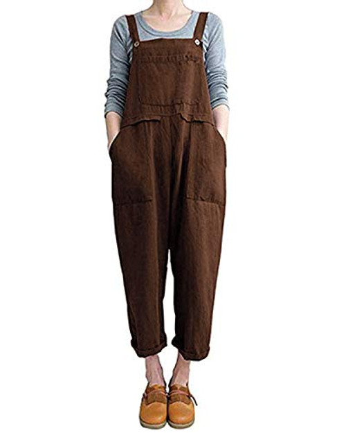 ZANZEA Womens Bib Baggy Overalls Cotton Linen Loose Casual Rompers Jumpsuits Wide Leg Harem Pants Coffee M