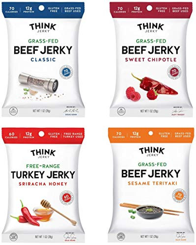 Jerky Variety Pack by Think Jerky  Delicious Chef Crafted Jerky  100 All-Natural Grass-Fed Beef and Free-Range Turkey  Healthy Protein Snack Low in Calories Salt and Fat  1 Ounce 8 Pack