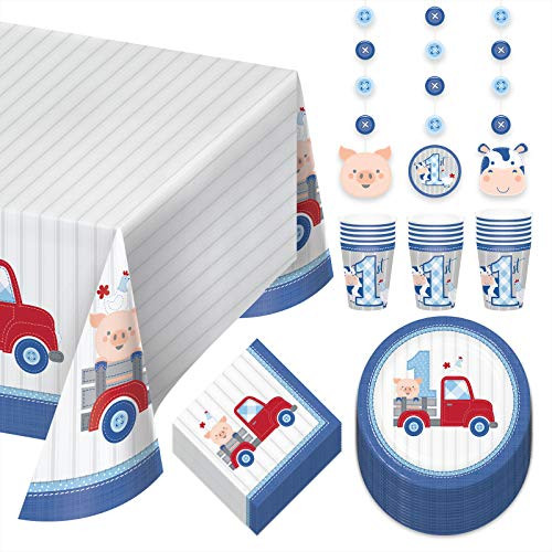 Farmhouse Boy Blue Dinner Party Pack - Paper Plates Napkins Cups Table Cover and Hanging Cutouts Set Serves 16 Farmhouse Boy Blue Dinner Party Pack - Paper Plates Napkins Cups Table Cover and Hanging Cutouts Set Serves 16