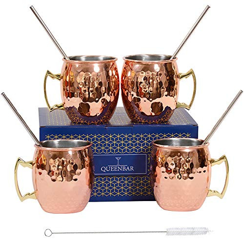 Moscow Mule Copper Mugs Set of 4 Handcrafted Hammer Stainless Steel Pure Solid Cup with 4 Straws Cocktail 18oz