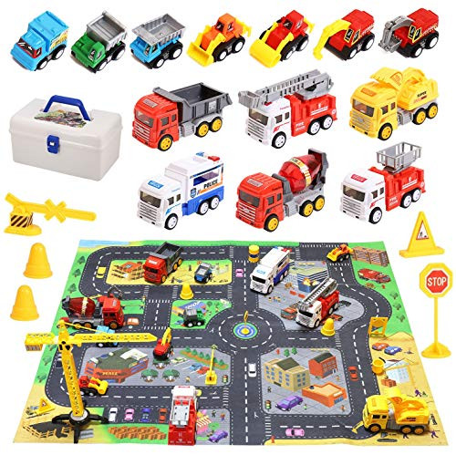 Construction Vehicles Toys with Play Mat Toy Trucks Playset Dump Truck Excavator Cement Police car Fire Engines  and  Mini Engineering Pull Back Cars Set for Toddlers Boys Girls Birthday Christmas