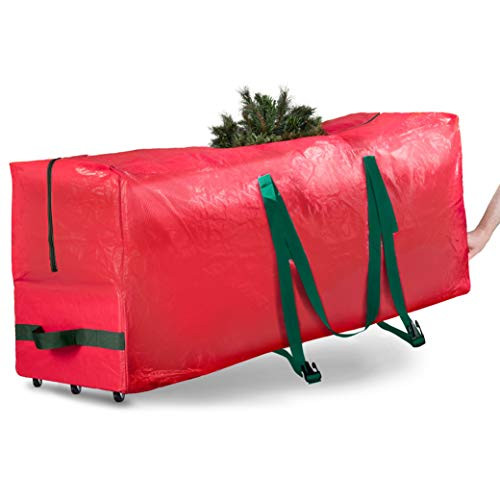 Rolling Large Christmas Tree Storage Bag - Fits Artificial Disassembled Trees Durable Handles  and  Wheels for Easy Carrying and Transport - TearWaterproof Polyethylene Plastic Duffle Bag 9 Ft_ Red