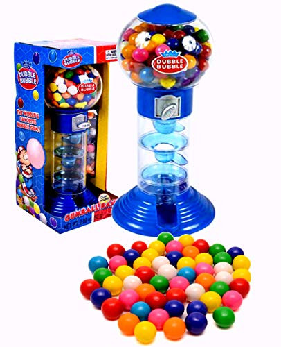 PlayO 10_5 Coin Operated Spiral Gumball Machine Toy Bank - Dubble Bubble Spiral Style Includes Aprox 40 Gum Balls - Kids Coin Bank Blue Spiral Machine