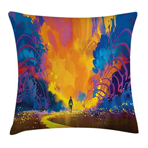 Ambesonne Fantasy Throw Pillow Cushion Cover Person Walking in Fiction Road Full of Vivid Brushstroke Watercolor Artwork Print Decorative Square Accent Pillow Case 20 X 20 Orange Blue